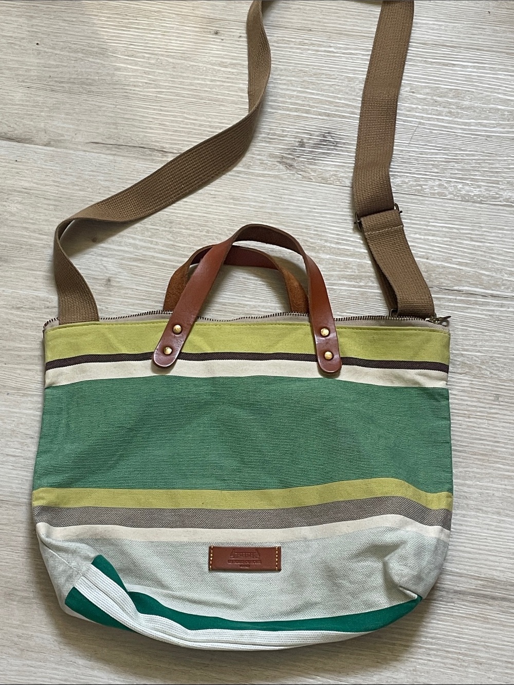 France Les Toiles Du Souleil Canvas Stripe Crossbody Tote Bag Leather Handles